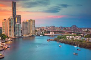 'Brisbane city skyline at sunset'